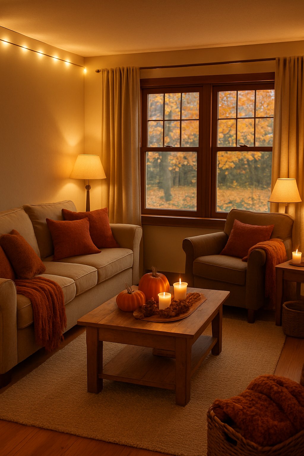 A cozy living room decorated for fall with warm lighting, comfortable seating, autumn-colored cushions, and seasonal decorations like pumpkins and candles.