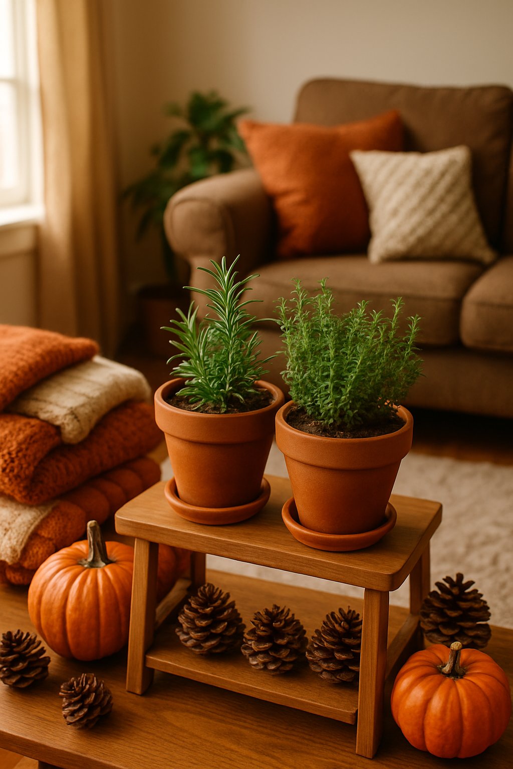 Mini indoor herb garden with rosemary and thyme in pots on a wooden table in a cozy fall living room with warm decorations.
