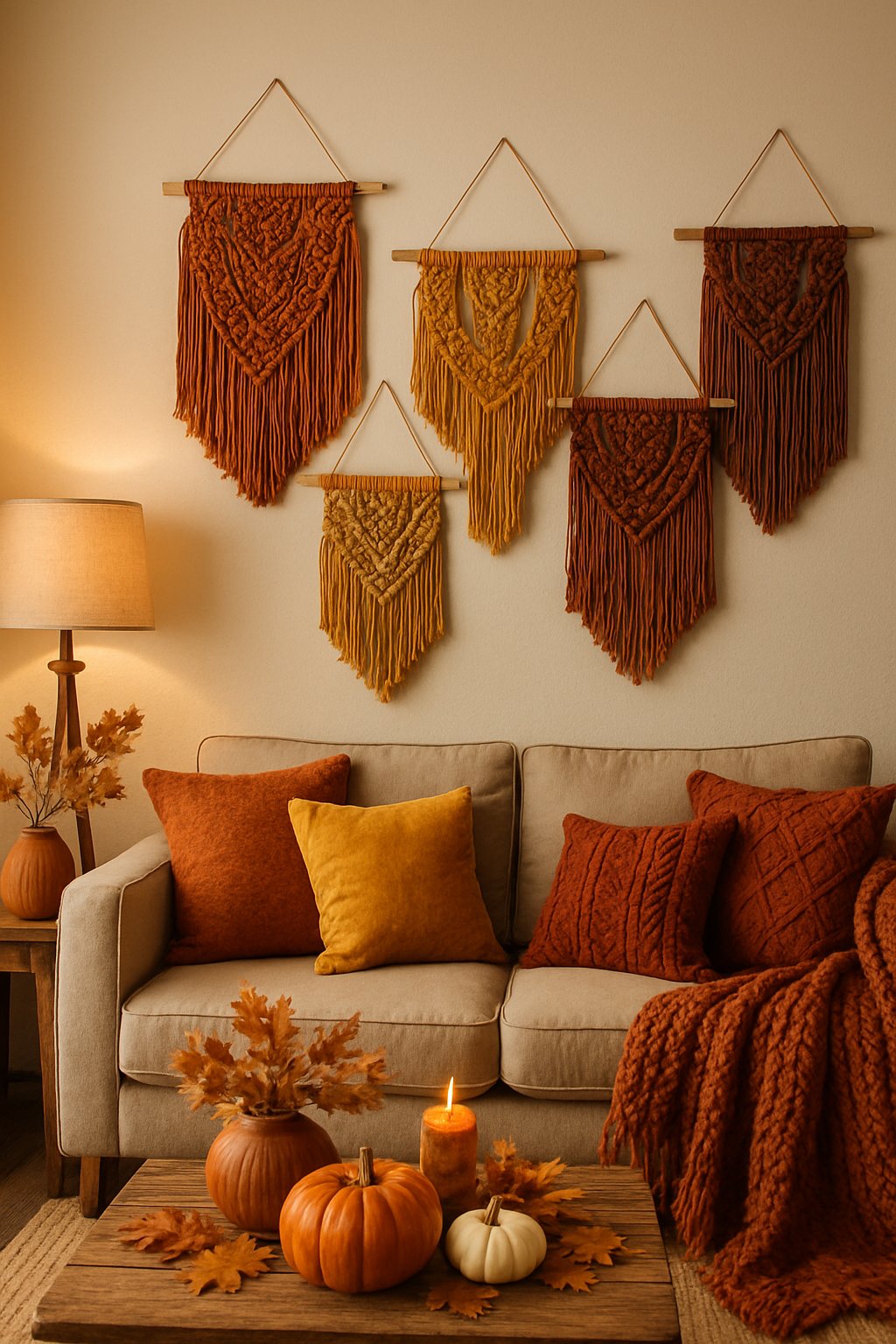 A cozy living room with macramé wall hangings in autumn colors and fall-themed decorations.