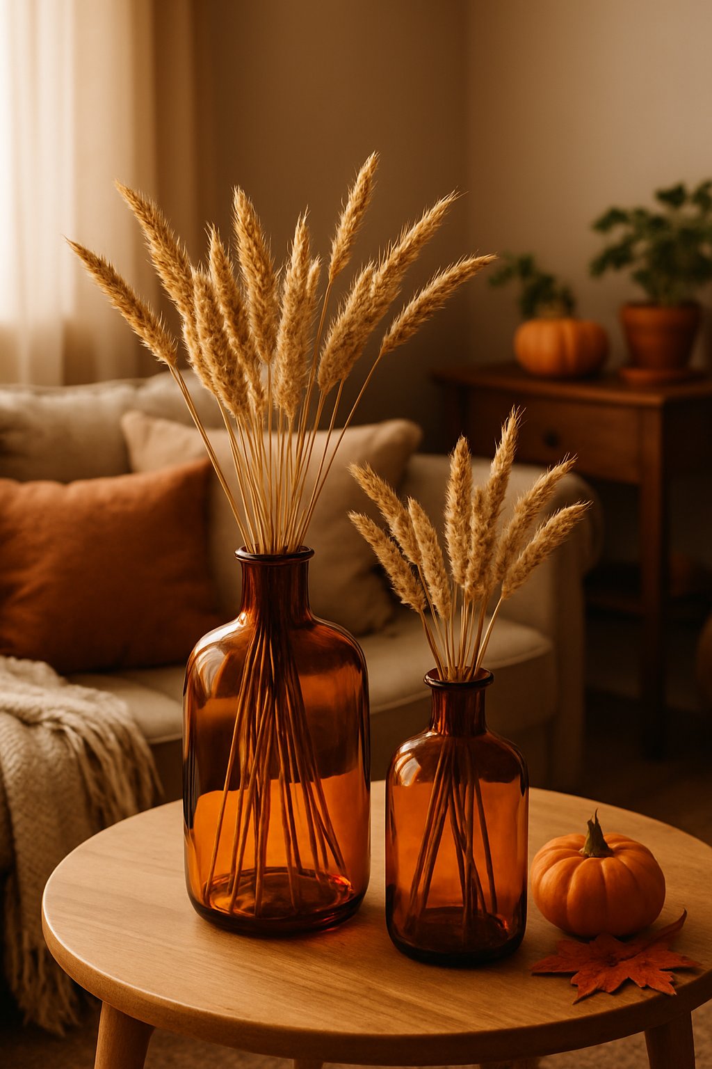 Amber glass vases filled with dried wheat stalks placed in a cozy living room with warm lighting and autumn decorations.