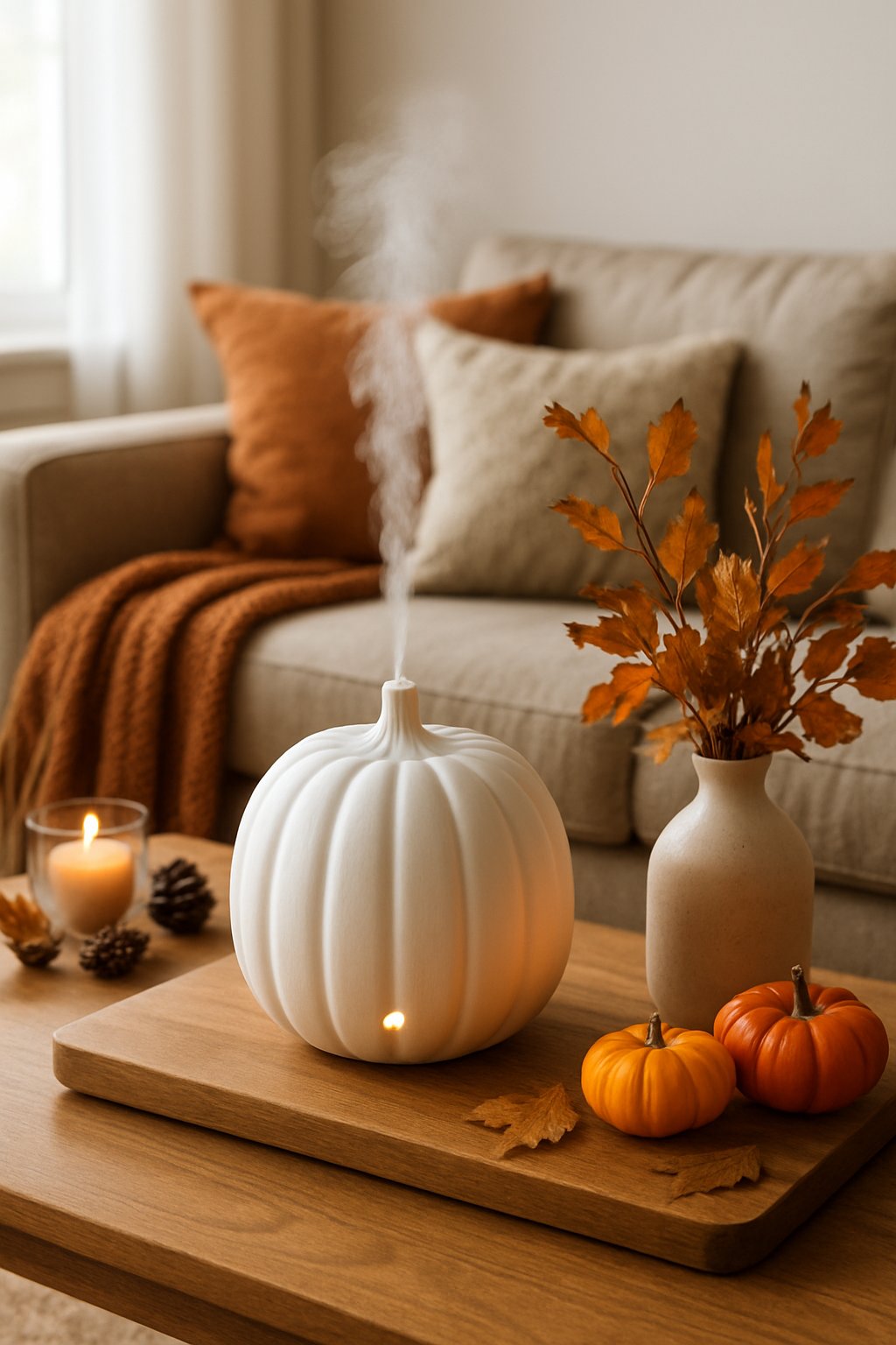 A ceramic pumpkin-shaped essential oil diffuser on a wooden coffee table in a cozy living room decorated for fall.