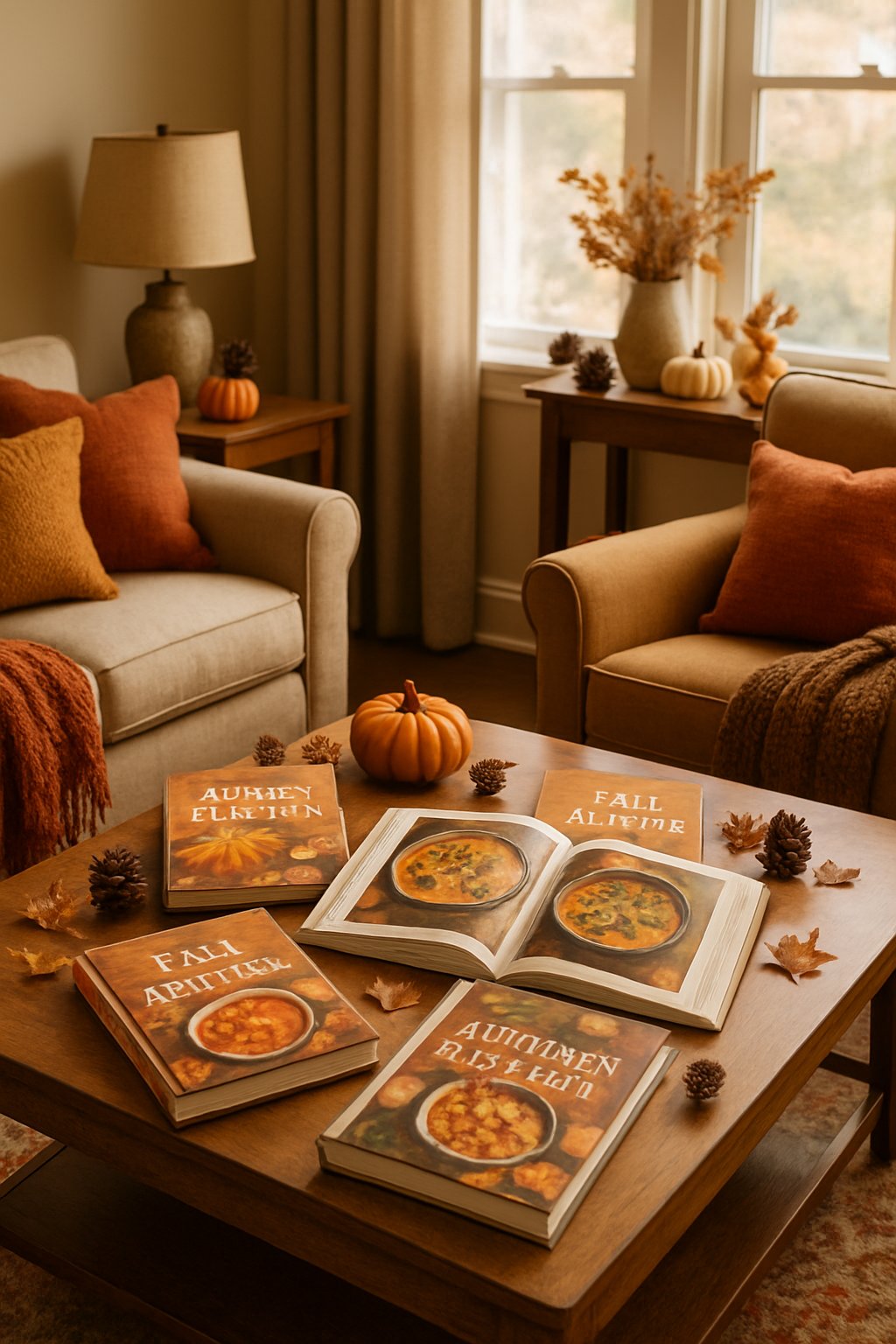 A cozy living room with a coffee table displaying cookbooks about fall recipes, surrounded by sofas with warm-colored pillows and blankets, and decorated with small pumpkins and autumn accents.