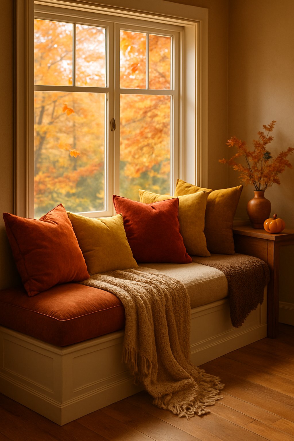 A cozy window seat filled with pillows overlooking colorful fall leaves outside a living room window.