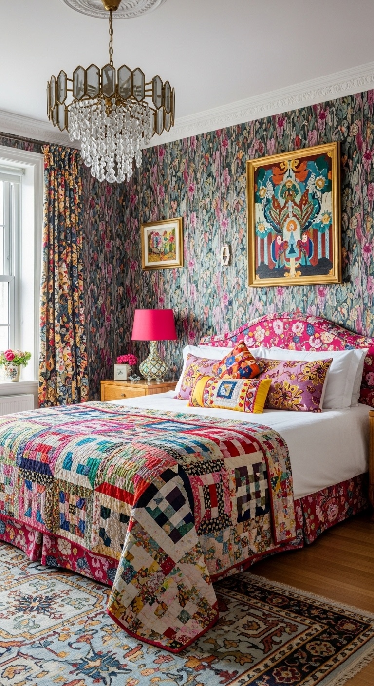 A patchwork quilt drapes over a vibrant, eclectic bedroom with bold patterns, colorful textiles, and an abundance of decorative elements