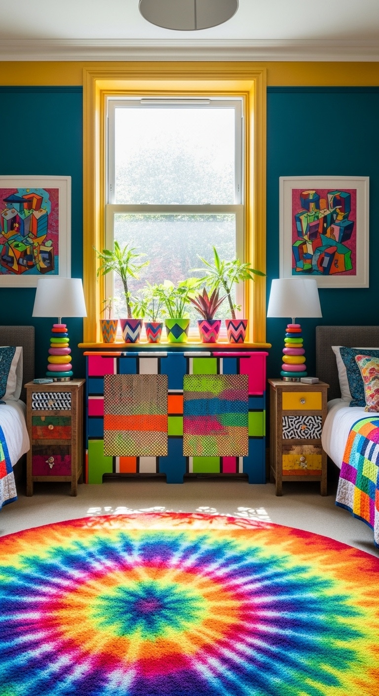 Colorful radiator covers adorn a vibrant bedroom, adding a funky touch to the decor