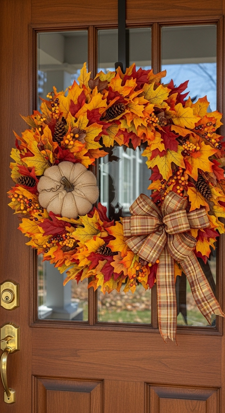 Burlap Pumpkin and Leaf Cluster Wreath