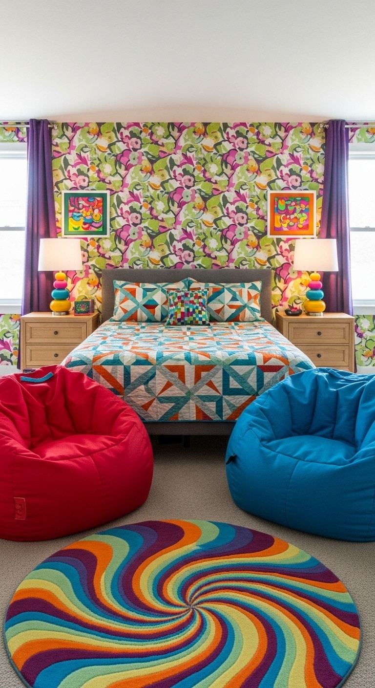 Colorful bean bag chairs scattered in a vibrant bedroom with unique decor and funky patterns