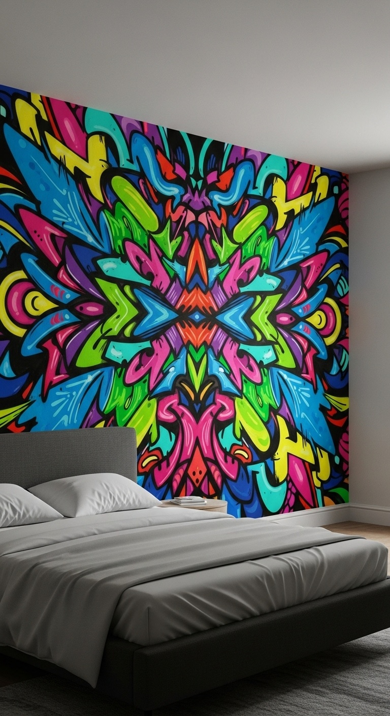 A bedroom wall covered in vibrant graffiti art, with bold colors and funky designs, creating a lively and unique atmosphere
