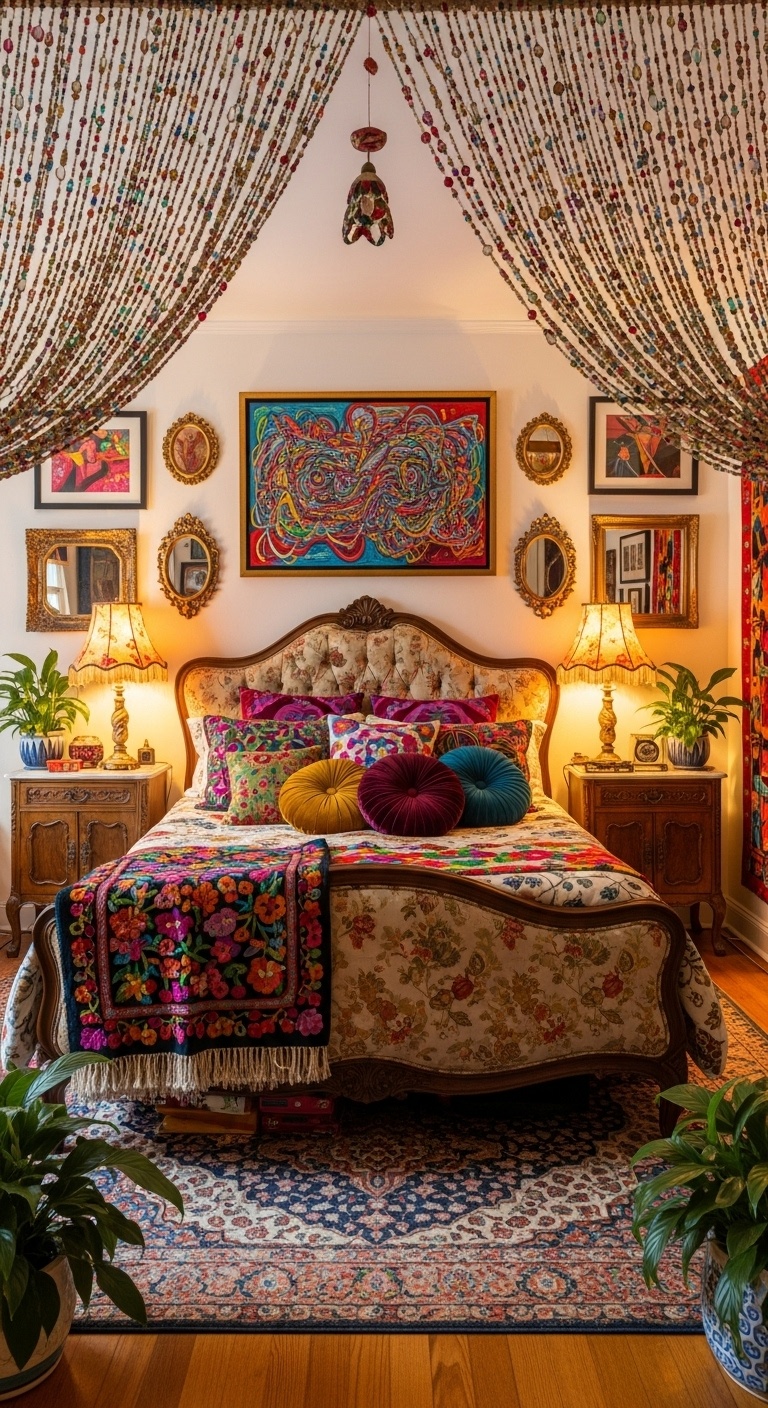 A beaded curtain hangs in a vibrant, eclectic bedroom, with colorful patterns and textures throughout