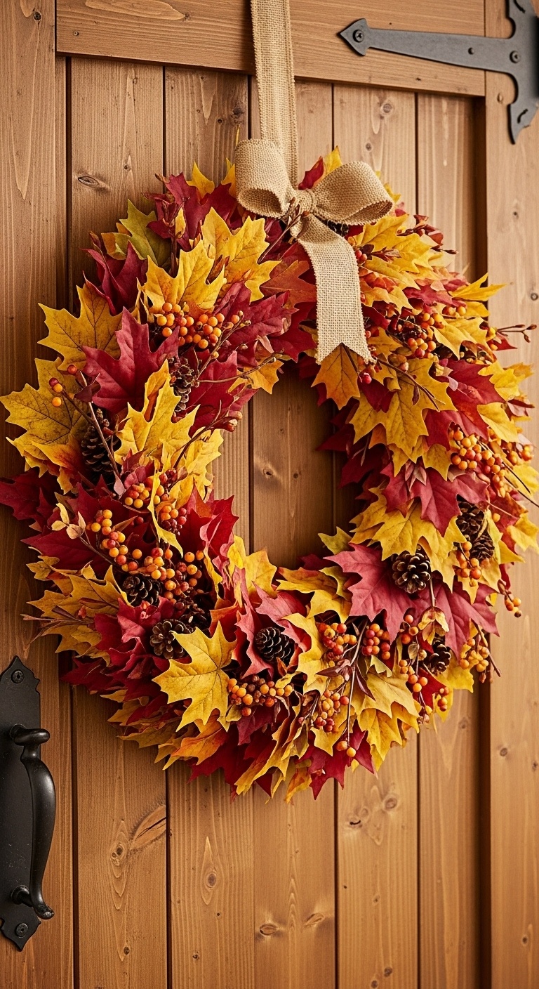 A colorful wreath made of autumn maple leaves arranged in a circle on a plain background.