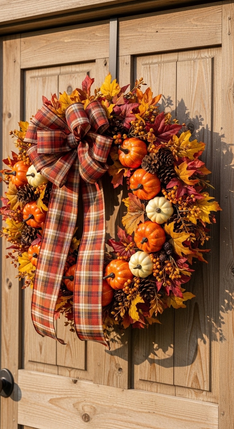 Plaid Bow and Mini Pumpkin Wreath