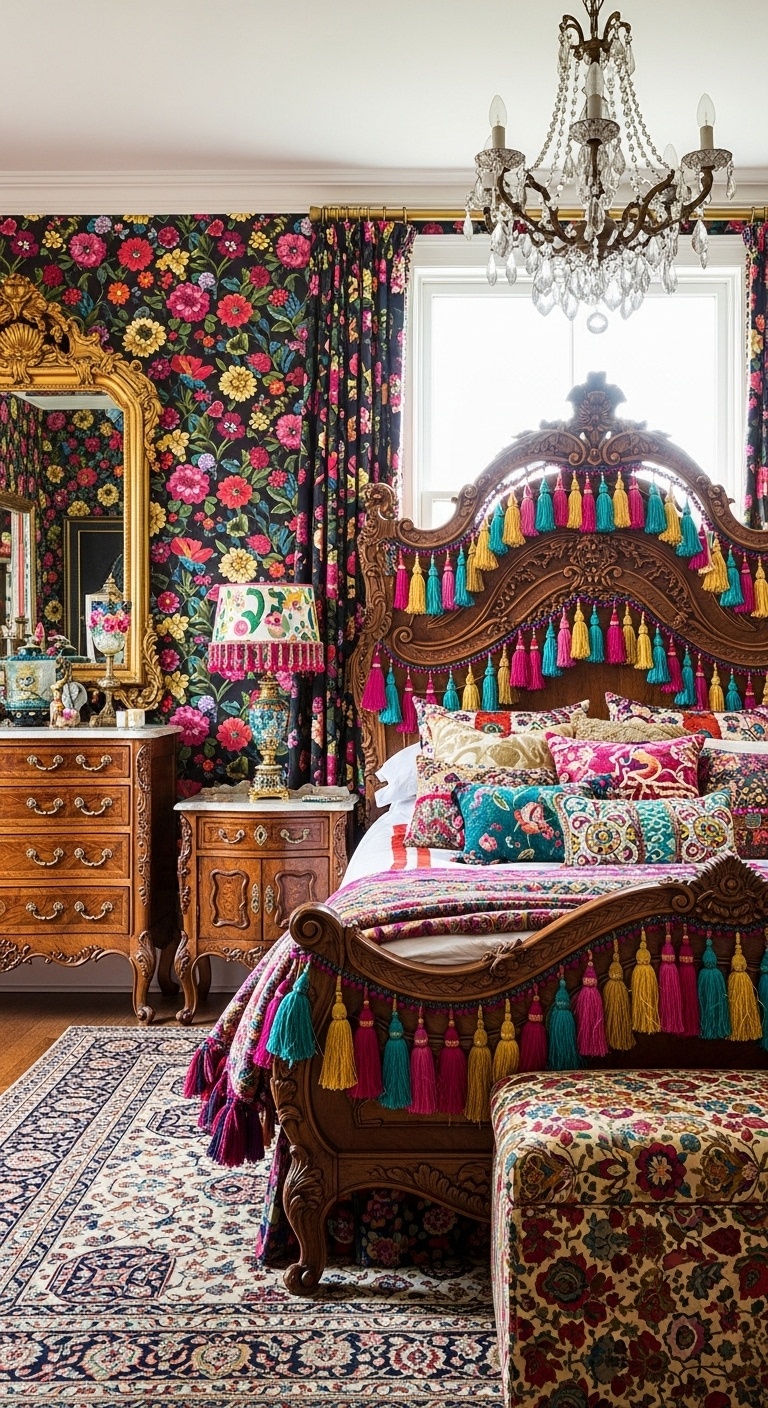 Colorful tassels scattered on ornate furniture in a vibrant, maximalist bedroom