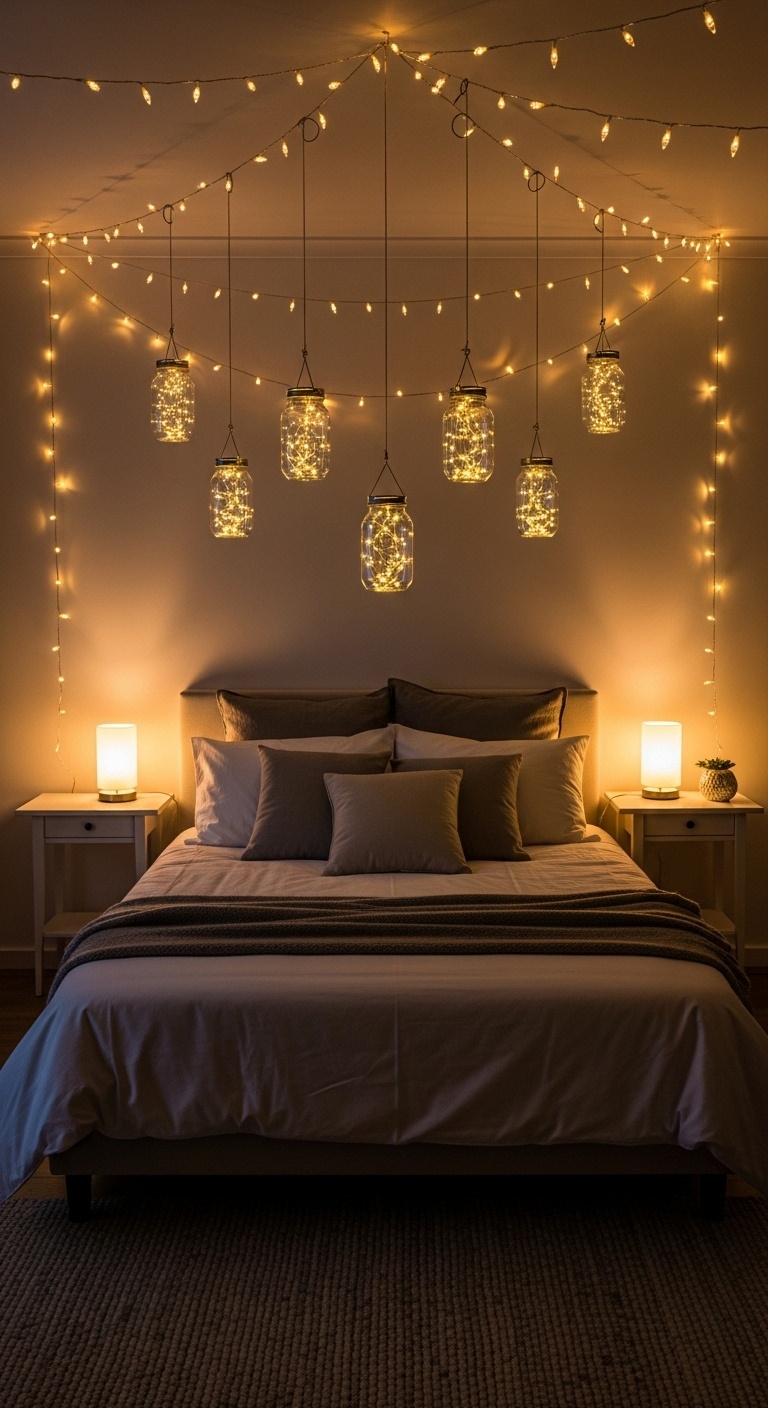 A cozy bedroom with string light jars hanging from the ceiling, creating a warm and whimsical atmosphere