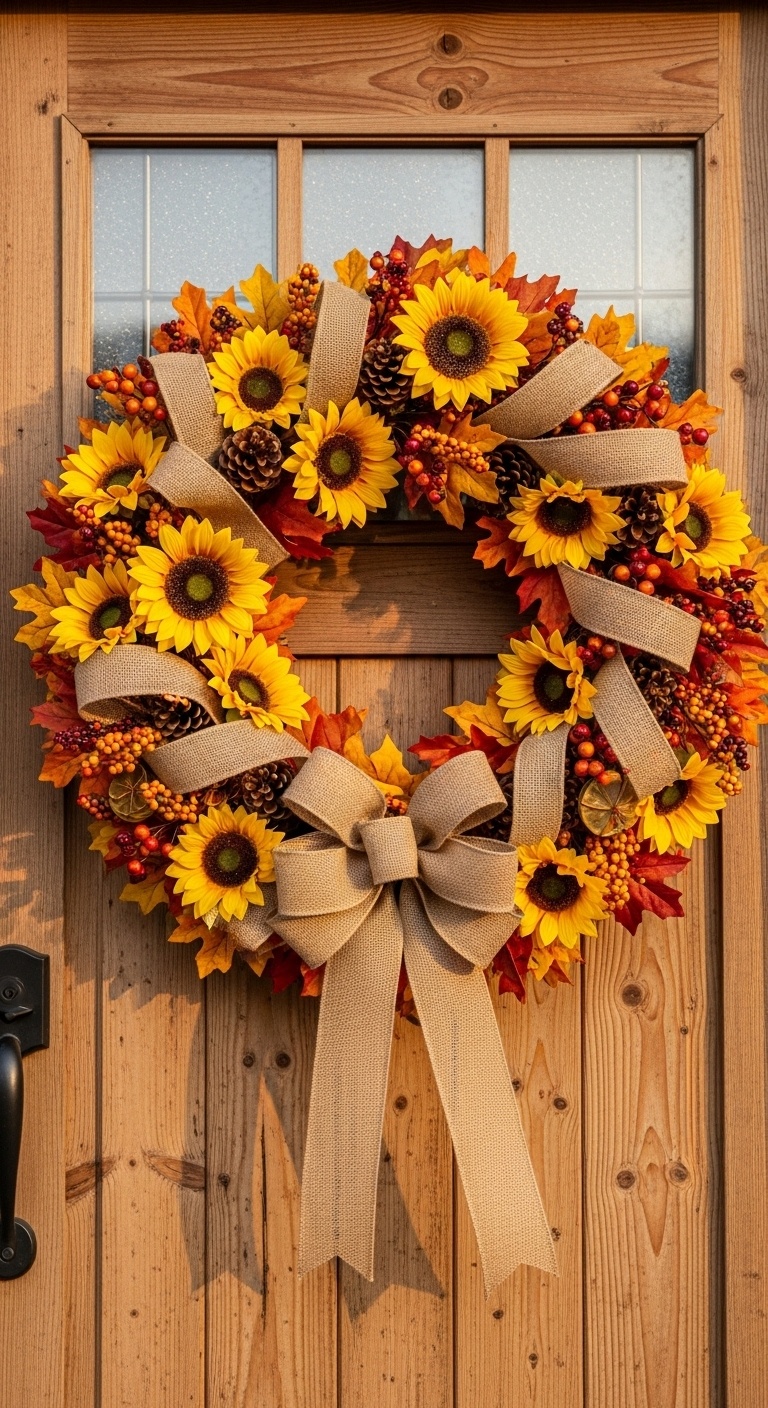 Sunflower and Burlap Ribbon Wreath