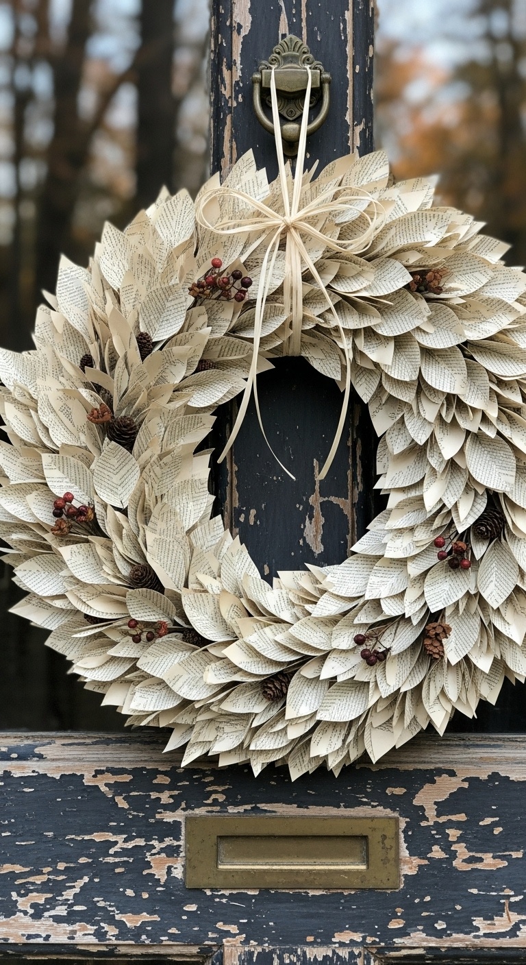 Vintage Book Page Leaf Wreath