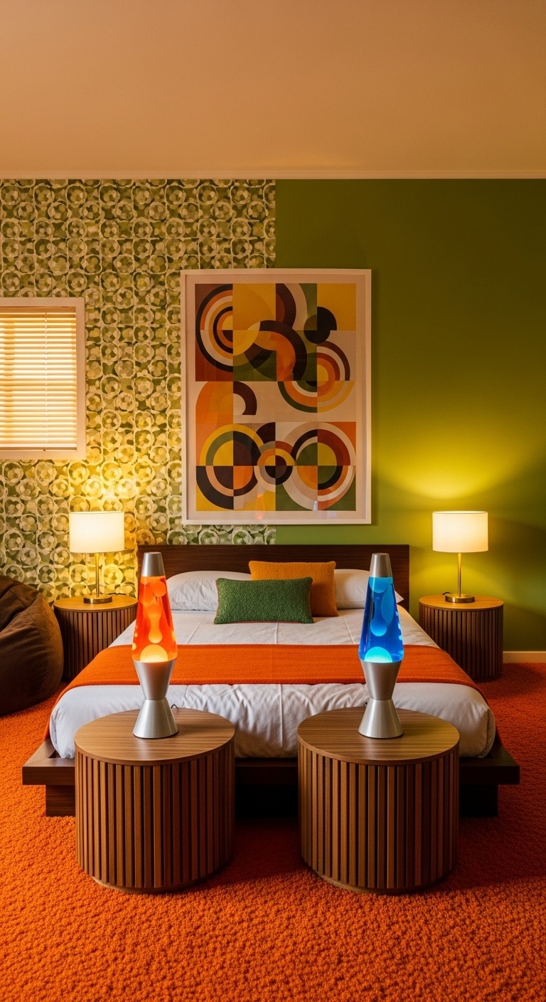 A colorful array of vintage lava lamps illuminates a funky bedroom, creating a retro and whimsical atmosphere