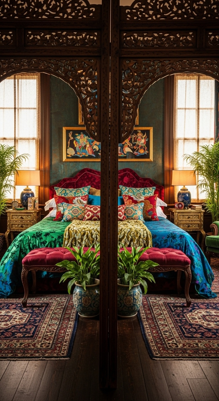 carved wooden screen divides a luxurious bedroom
