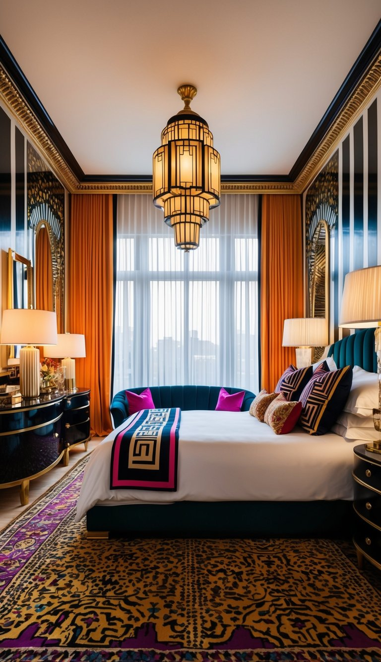 A luxurious bedroom filled with art deco lamps, bold patterns, and vibrant colors, creating a maximalist and opulent atmosphere