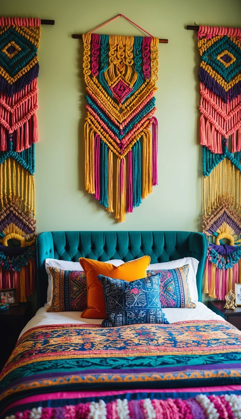 A vibrant, eclectic bedroom with colorful macramé wall art hanging above a bold-patterned bed and an array of plush pillows