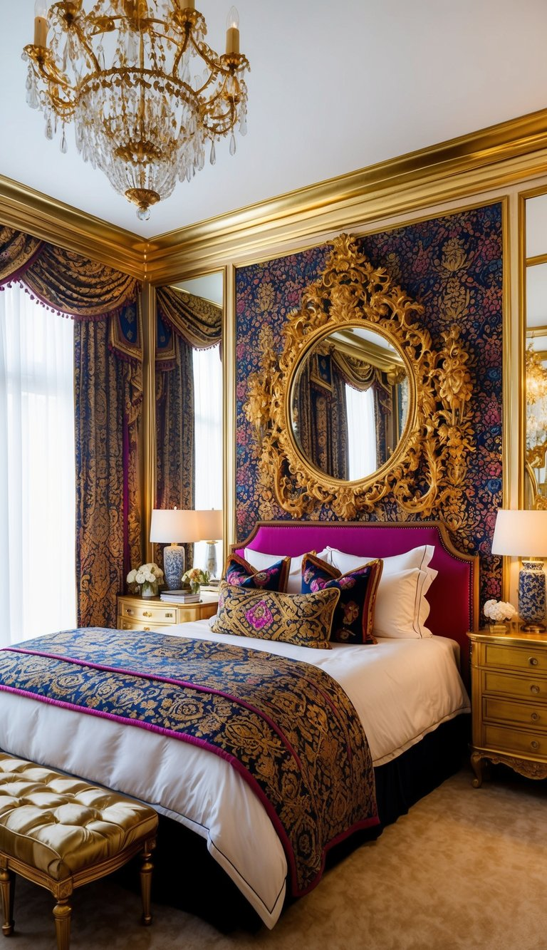 A luxurious bedroom with gold and brass accents, including ornate mirrors, chandeliers, and intricately patterned textiles. Rich, vibrant colors and opulent textures create a maximalist aesthetic