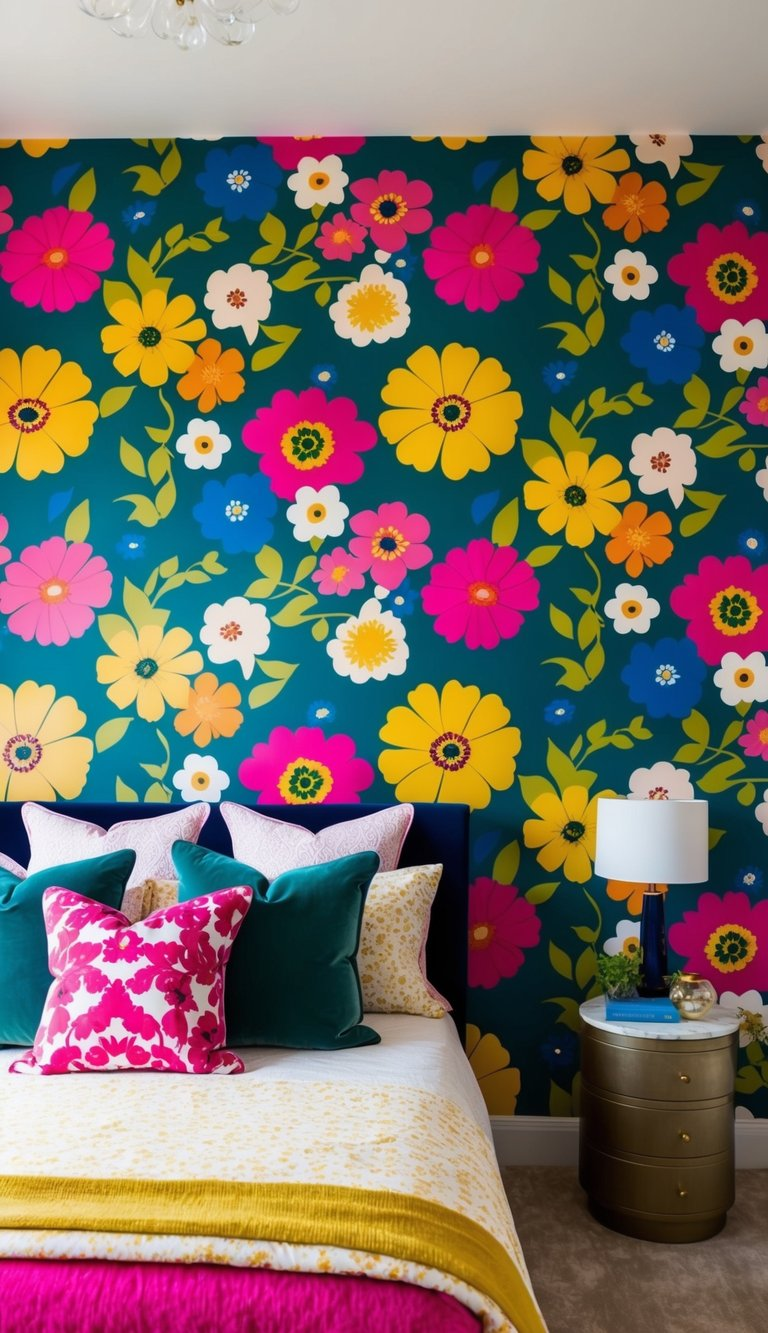 A bedroom with vibrant, bold floral wallpaper covering the walls, creating a maximalist and lively atmosphere
