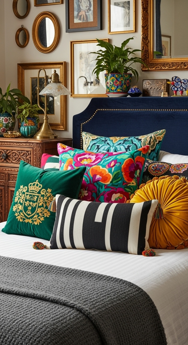 Use mismatched colorful throw pillows 