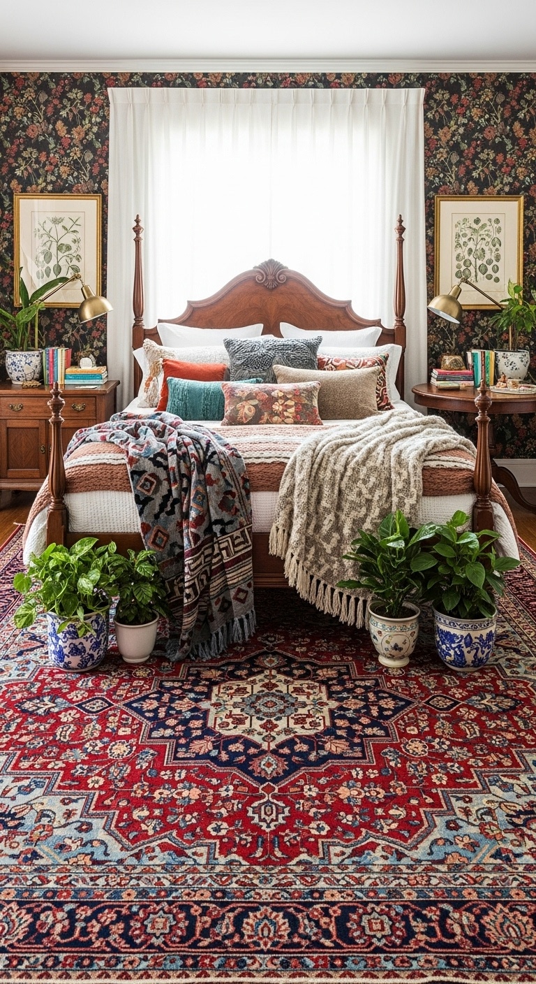 Placing a Persian rug under the bed in a maximalist themed bedroom
