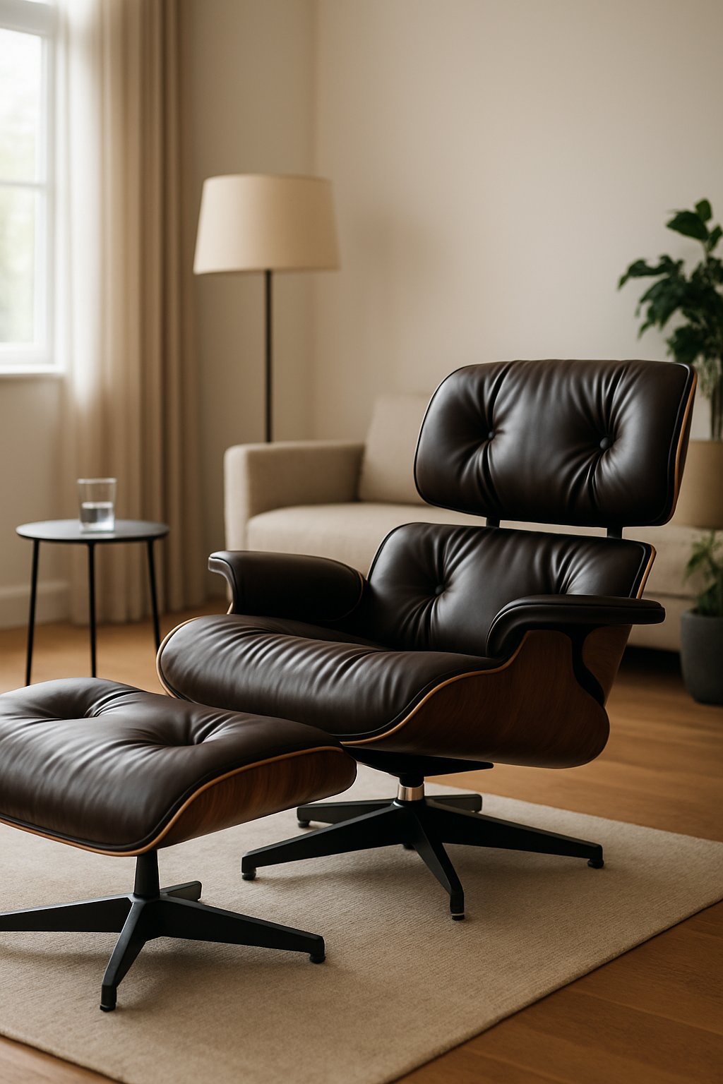 A living room with a leather lounge chair and matching ottoman on a wooden floor near a window with a floor lamp and a potted plant.