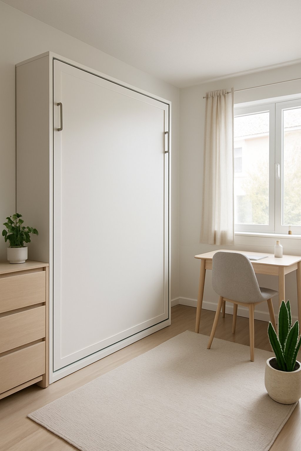 A small bedroom with a Murphy bed folded up, showing a flexible living space with a desk, chair, and plants.