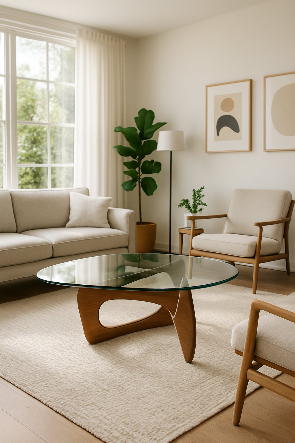 A bright living room with a glass coffee table on a wooden base surrounded by a sofa and chairs, with plants and artwork in the background.