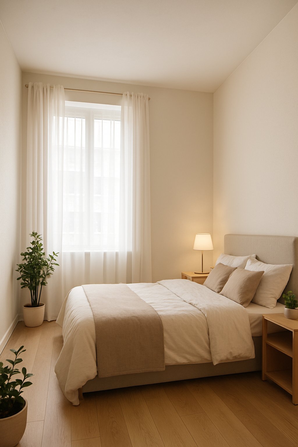 A small bedroom with light-colored walls, a bed, nightstand, window with sheer curtains, and natural light.