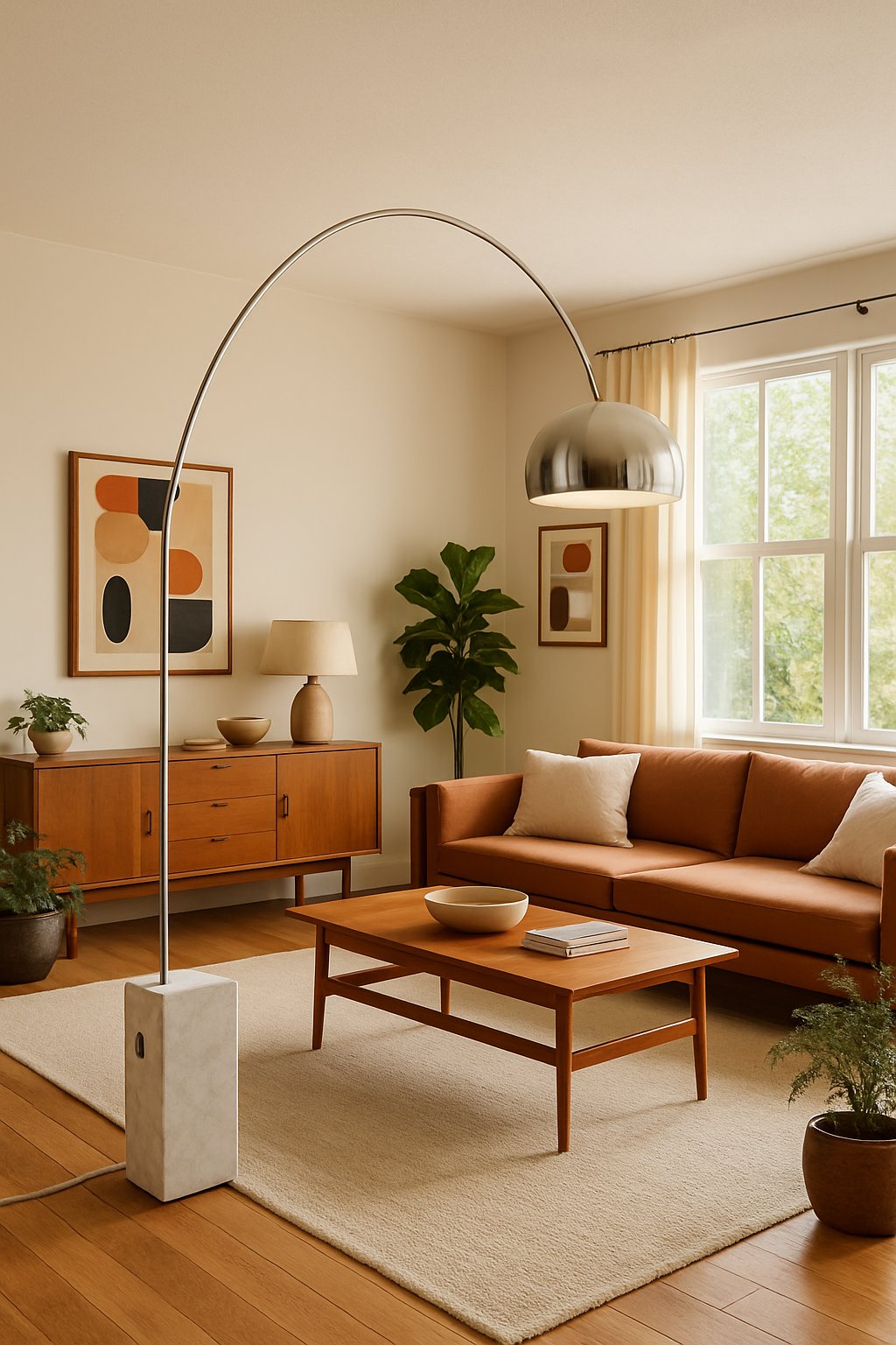 A living room with a large curved floor lamp next to a sofa, a coffee table, and plants near bright windows.