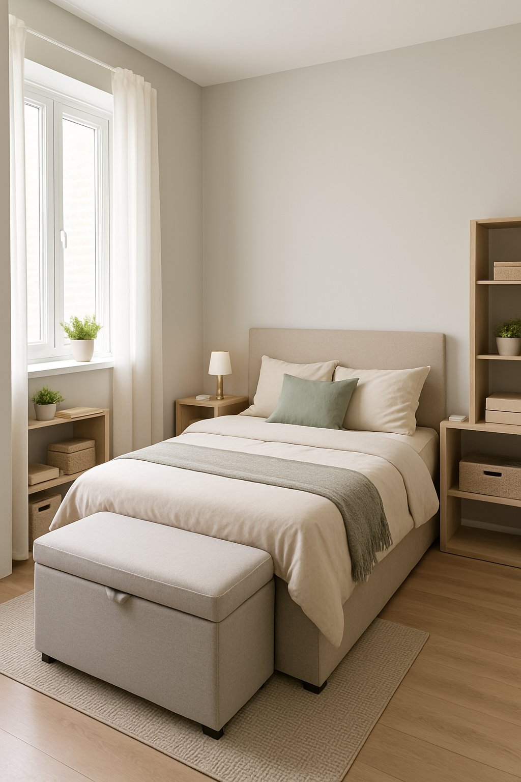 A small bedroom with a bed and a storage ottoman at the foot, natural light coming through a window, and compact shelving units.