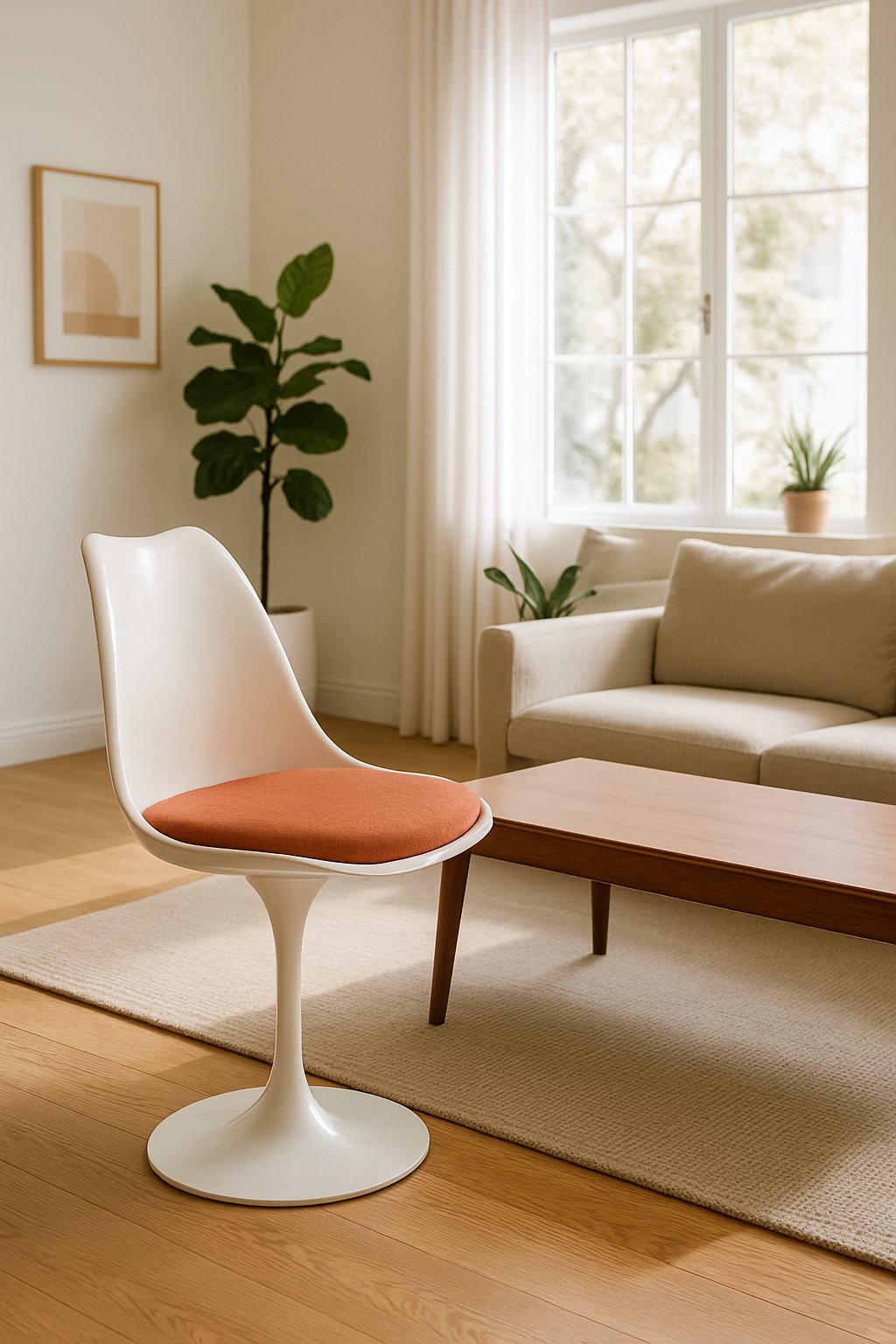 A bright living room with a white chair next to a wooden table, hardwood floors, plants, and large windows letting in sunlight.