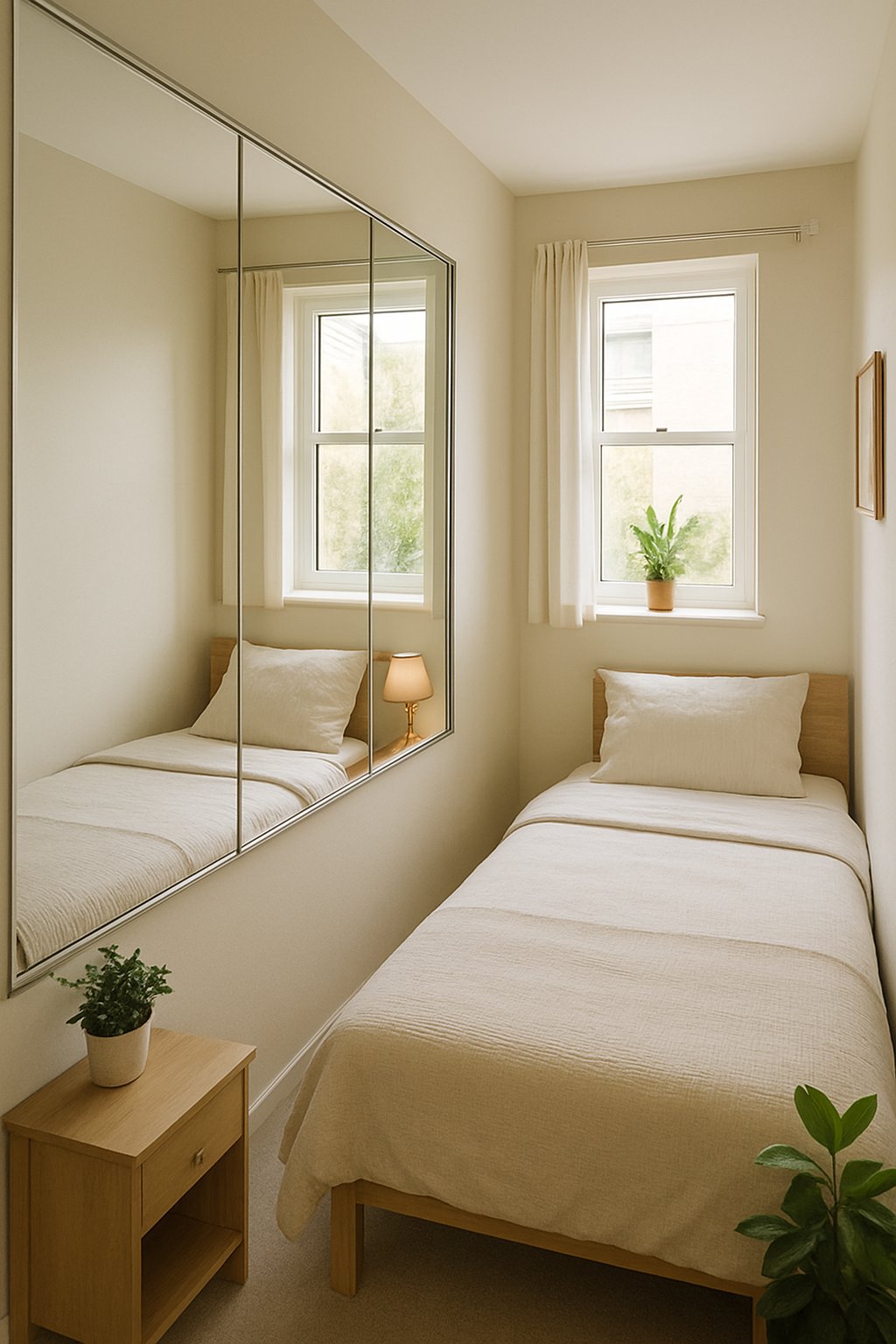 Small bedroom with a bed, large wall mirrors reflecting light, a nightstand, and a potted plant.