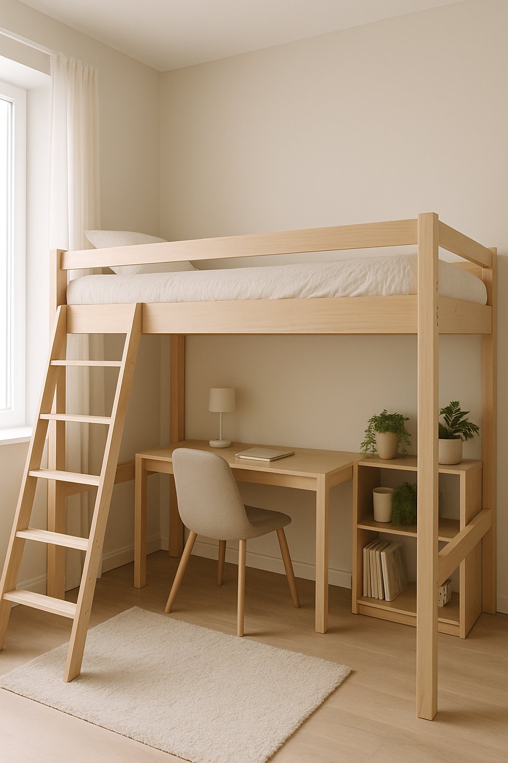 Small bedroom with a loft bed that has a workspace and shelves underneath