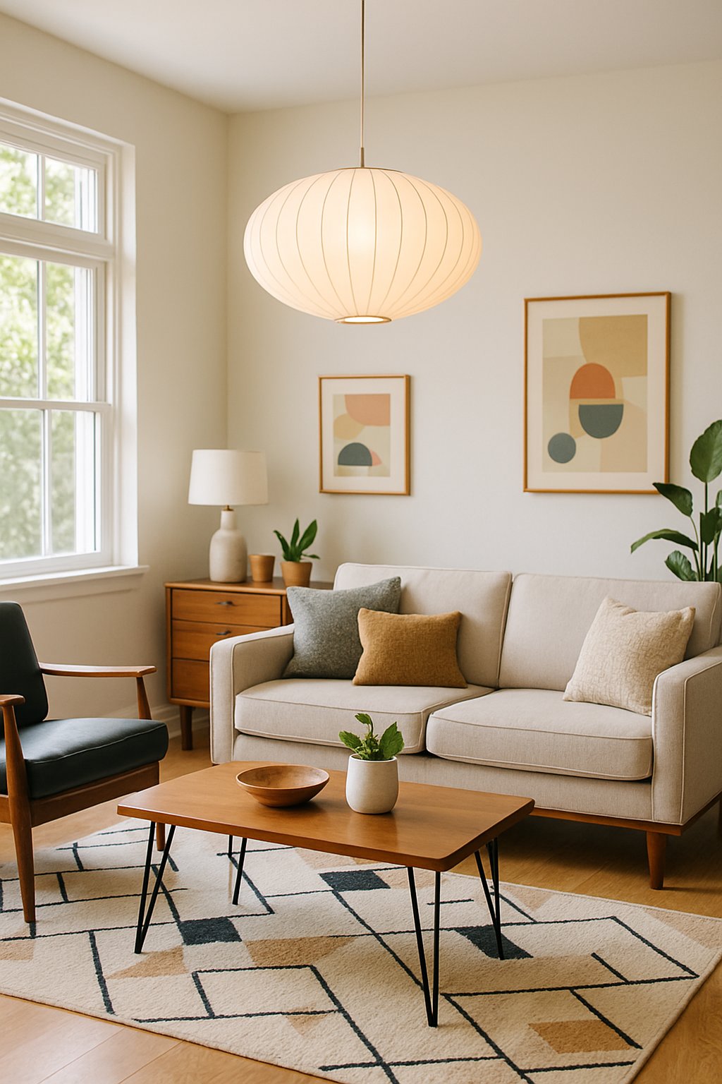 A bright living room with a hanging round white lamp, a sofa, coffee table, and plants.