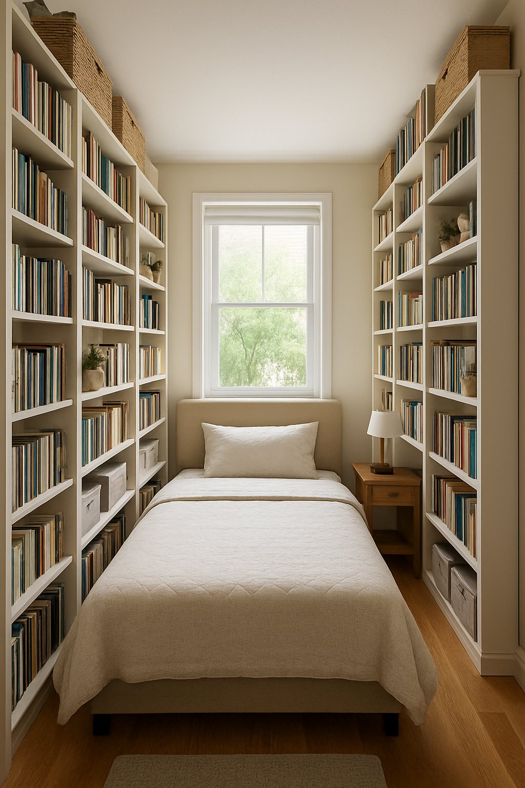 Small bedroom with tall bookcases filled with books and storage boxes, a neatly made bed, and natural light coming through a window.