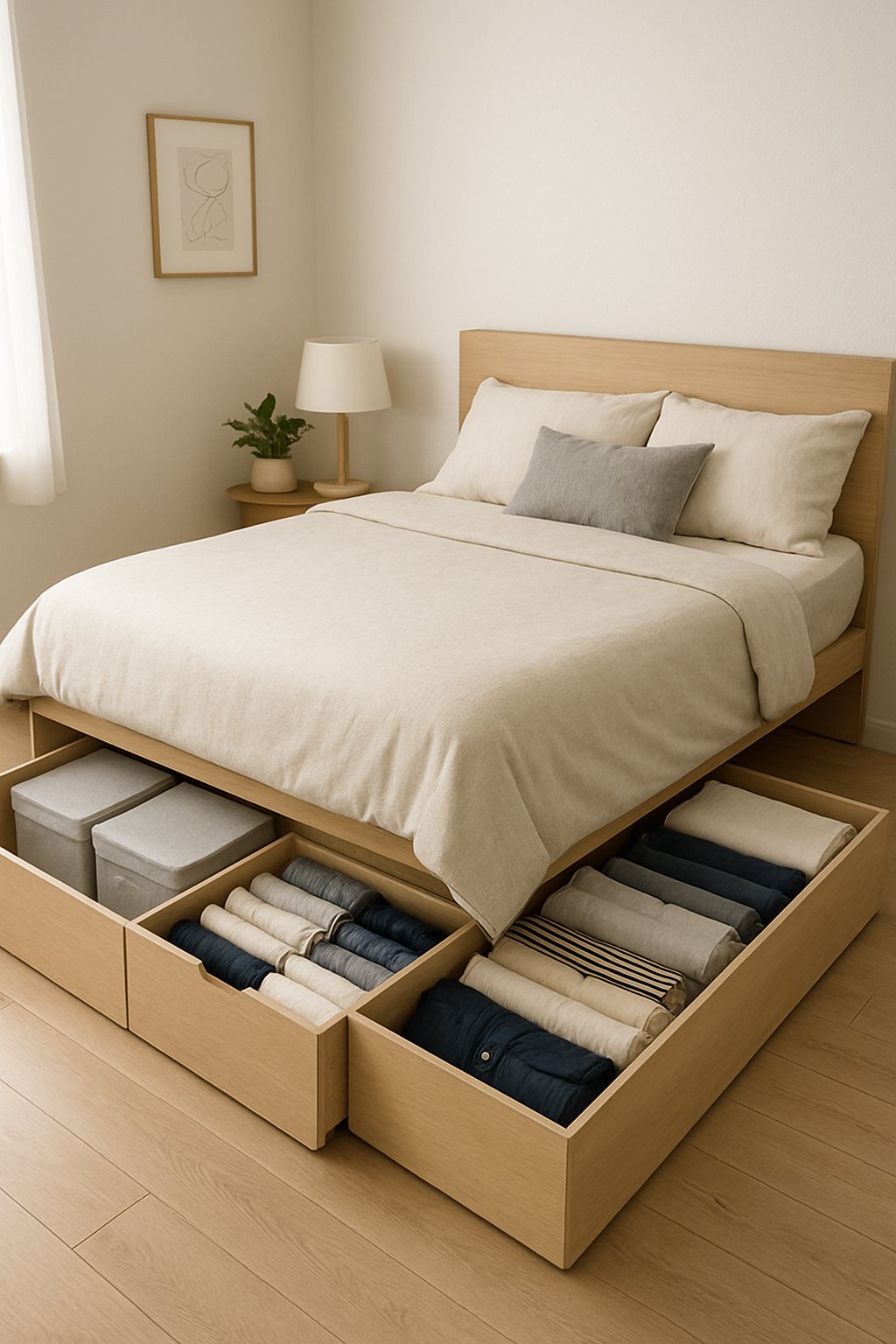 A small bedroom with a bed that has under-bed storage drawers pulled out, showing organized clothes and boxes.