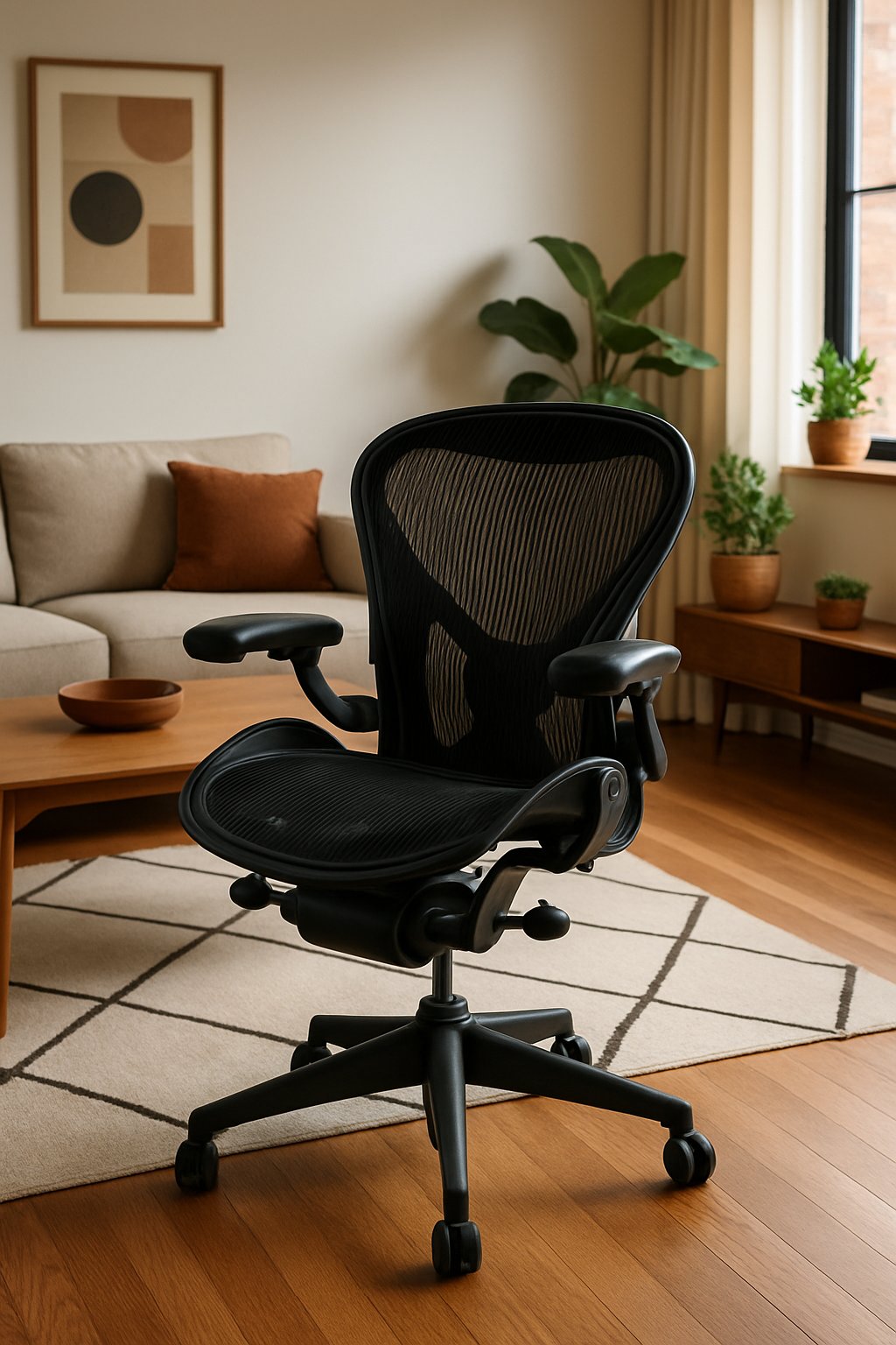 A modern living room with a black ergonomic office chair next to a wooden coffee table and sofa, illuminated by natural light from large windows.