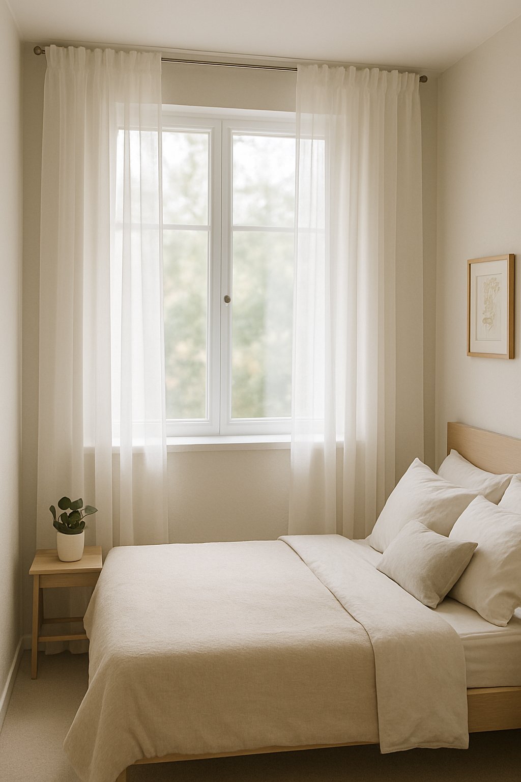A small bedroom with sheer white curtains hanging over a window, letting in natural light that brightens the room with a bed, bedside table, and plants.