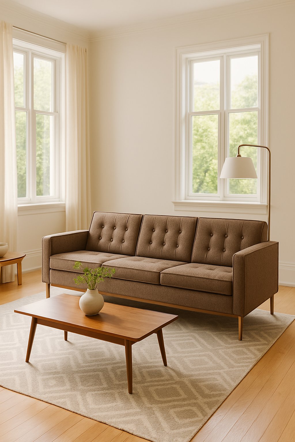 A bright living room with a modern sofa, wooden coffee table, and natural light coming through large windows.