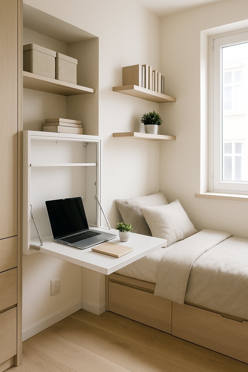 A small bedroom with a fold-down desk open and set up with a laptop and plant, next to a compact bed and shelves.