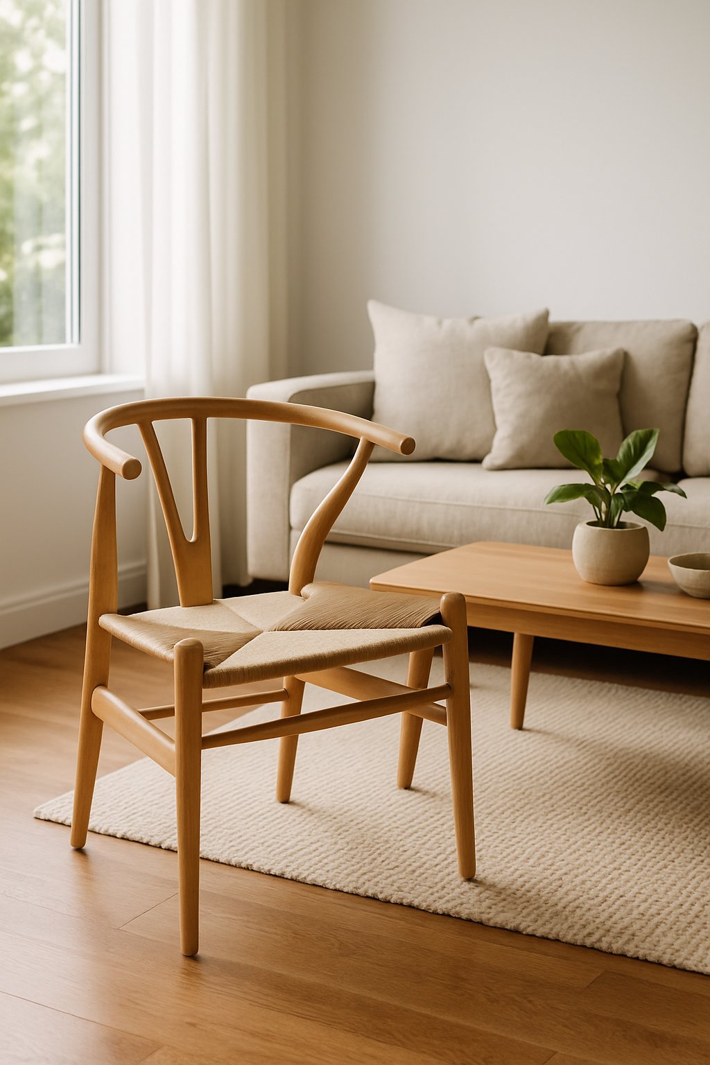 A wooden chair with a woven seat in a bright living room next to a coffee table and sofa.