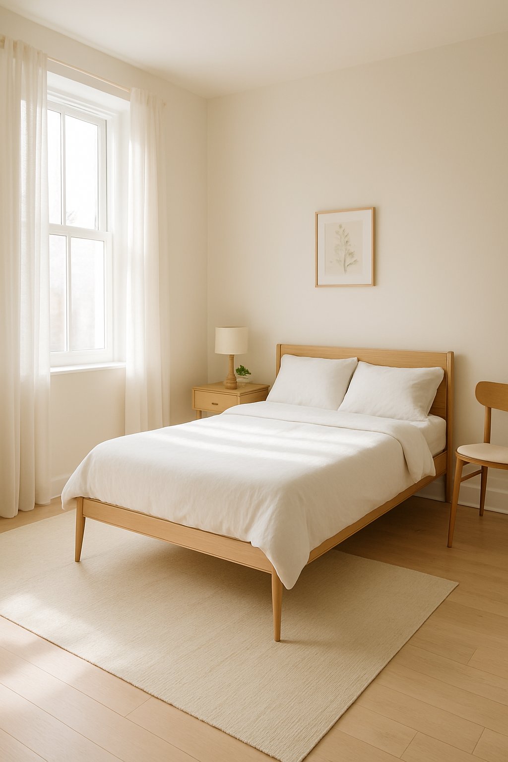 A small bedroom with furniture that has slim legs, including a bed, bedside table, and chair, with natural light coming through a window.