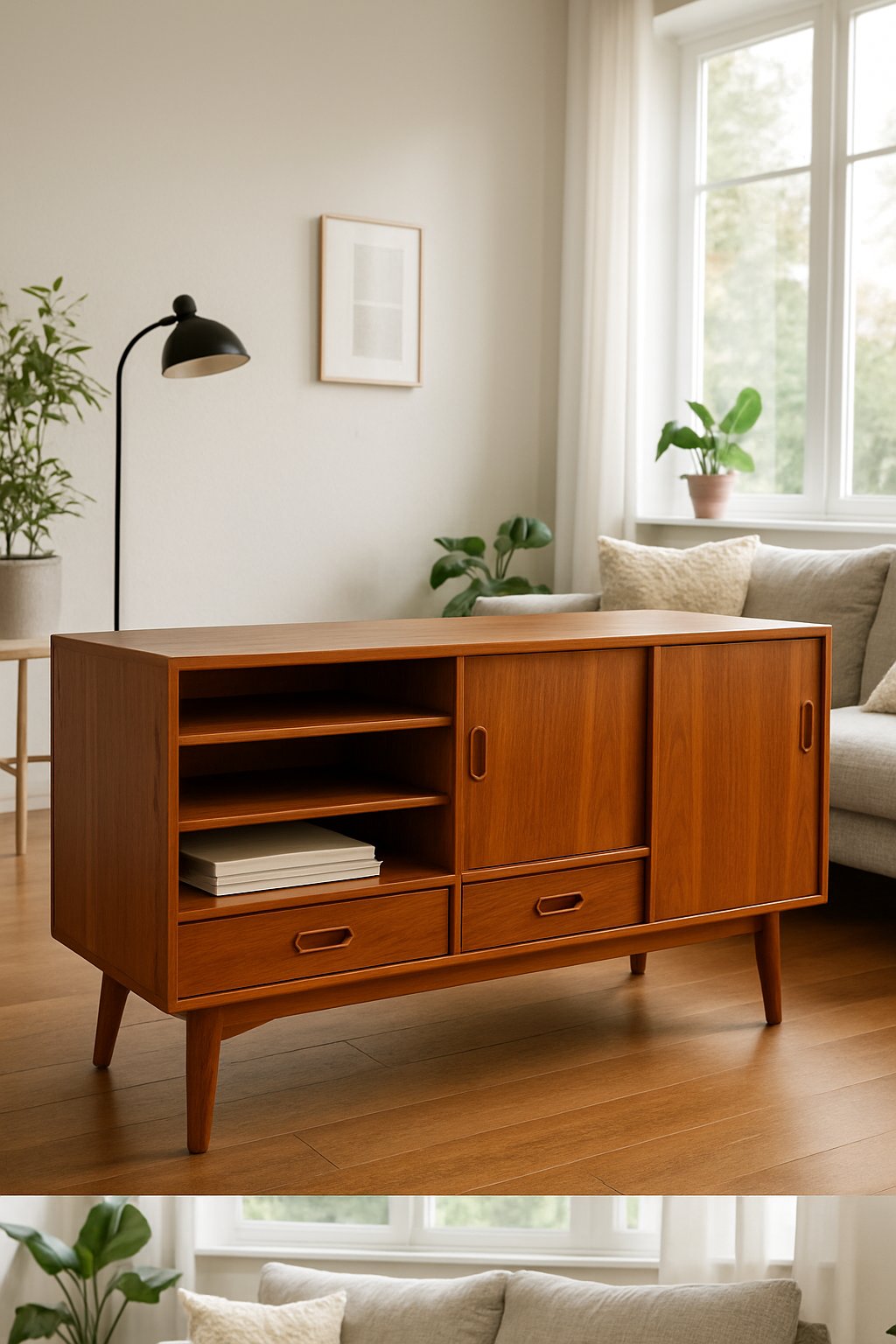 A living room with a wooden media console, sofa, floor lamp, and indoor plants, all arranged in a bright and tidy space.