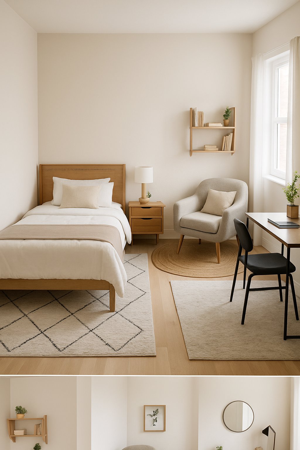 A small bedroom with a bed, armchair, and desk arranged on different area rugs creating separate zones.