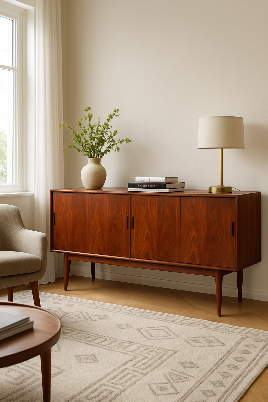 A living room with a wooden credenza, armchair, coffee table, and decorative items arranged in a bright, well-lit space.