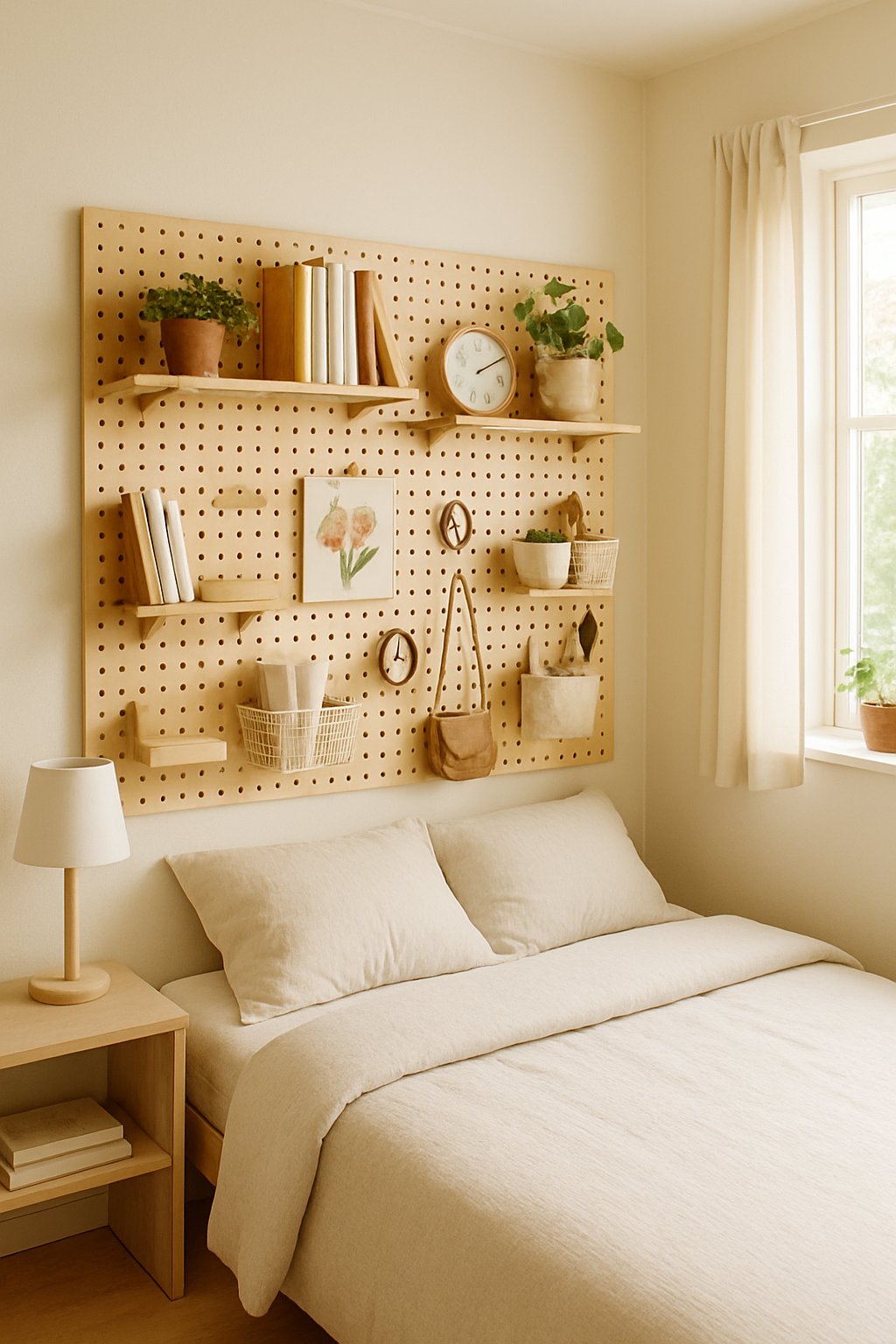 Small bedroom with a pegboard wall storage system above the bed holding books, plants, and accessories.