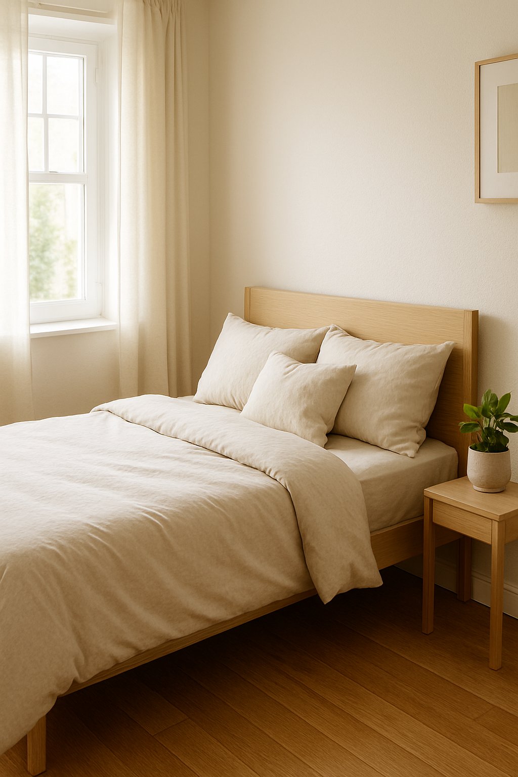 A small bedroom with a bed and a small indoor plant on a bedside table, illuminated by natural light.